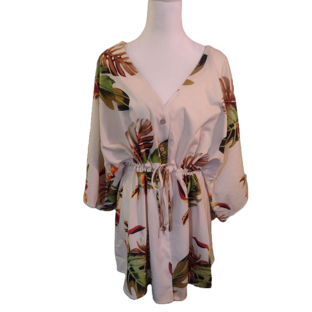 Tropical Leaf Kimono Dress Size L Ivory Green Orange Button Tie Waist Mini